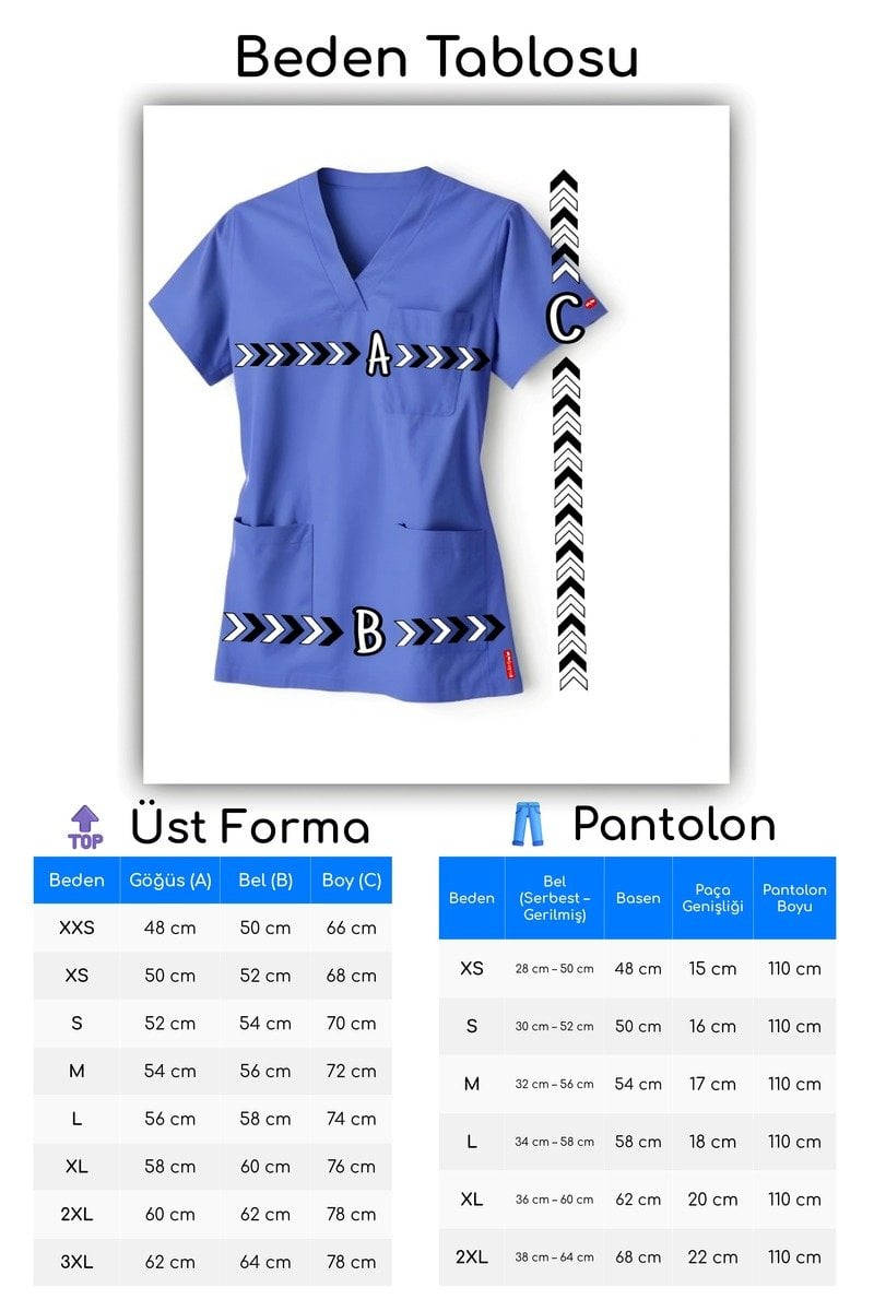 Sağlık Personeli Üniformaları - Beden Tablosu ve Görseli - Üst Alt