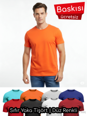 Sıfır Yaka Tişört | Düz Renkli | Baskılı •