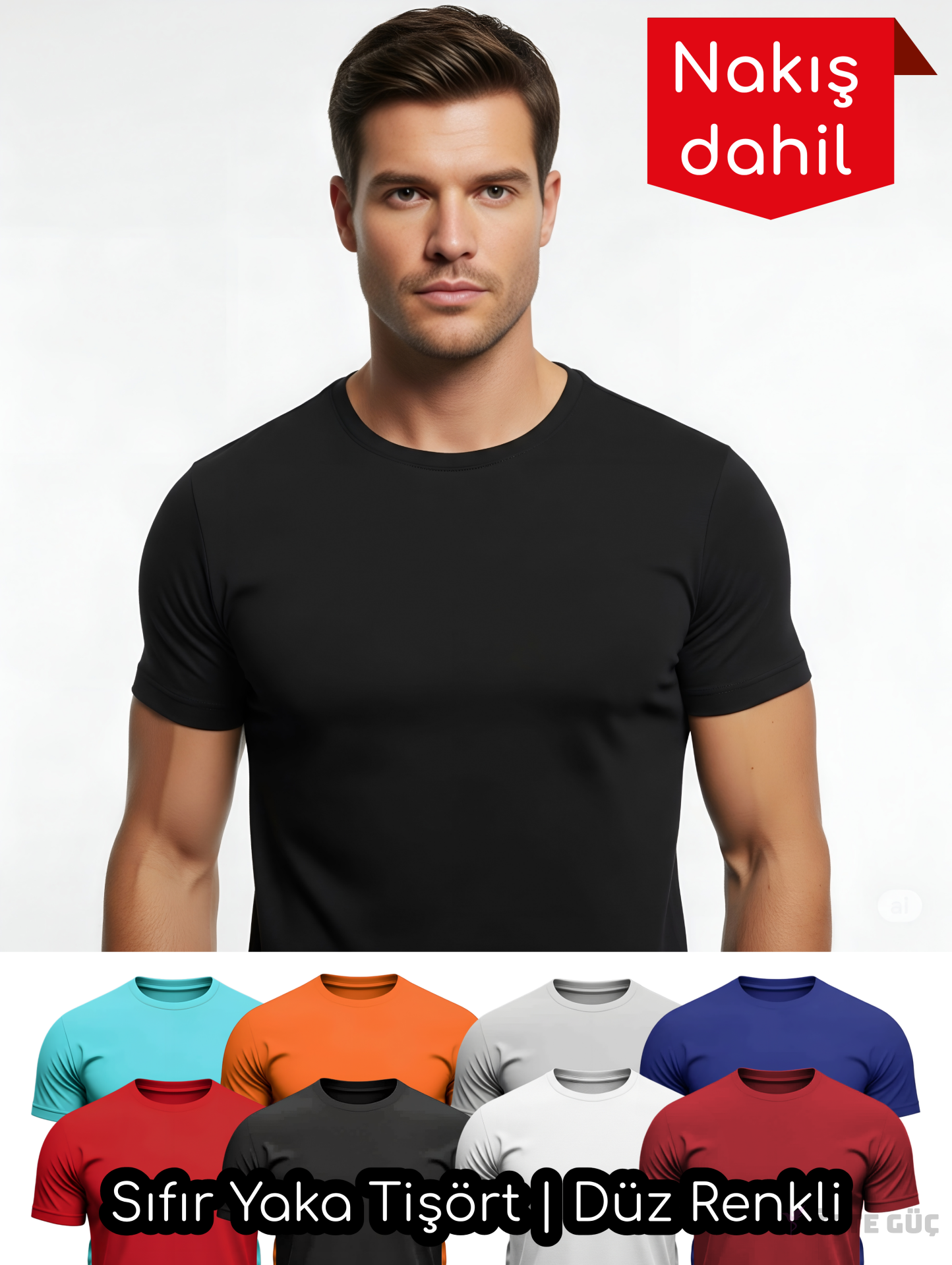 Sıfır Yaka Tişört | Düz Renkli | Nakışlı •